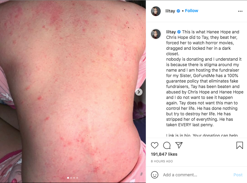 screenshot from lil tay's instgram post detailing alleged abuse by father