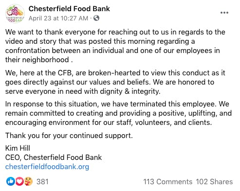 Chesterfield Food Bank statement on firing racist employee