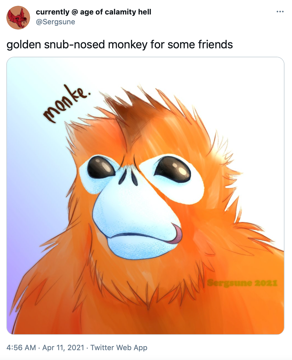 'golden snub-nosed monkey for some friends' cartoon drawing of the monkey with orange fur and exaggerated features