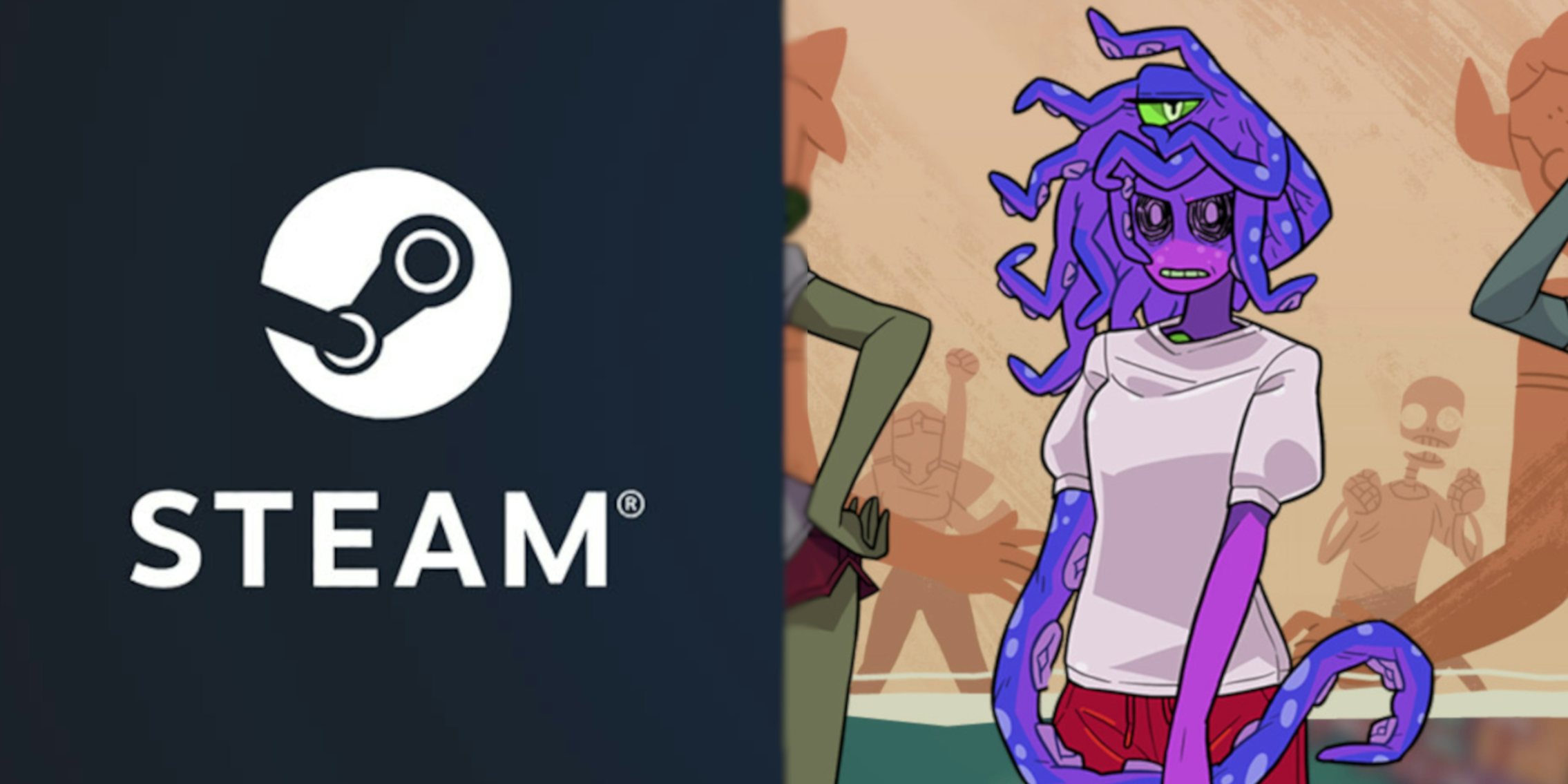 A side by side comparison of the Steam logo and Zoe from Monster Prom, a popular LGBTQ game.