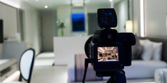 Camera set up to photograph living room