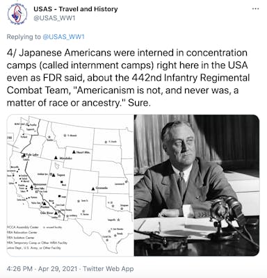 "https://twitter.com/USAS_WW1/status/1387790471339167746" a map of the United States showing where the camps were located next to a black and white photograph of FDR seated by a microphone