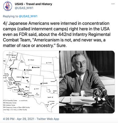 "https://twitter.com/USAS_WW1/status/1387790471339167746" a map of the United States showing where the camps were located next to a black and white photograph of FDR seated by a microphone