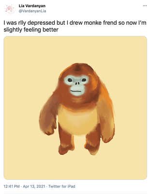 "I was rlly depressed but I drew monke frend so now I’m slightly feeling better" water colour style digital painting of the monkey