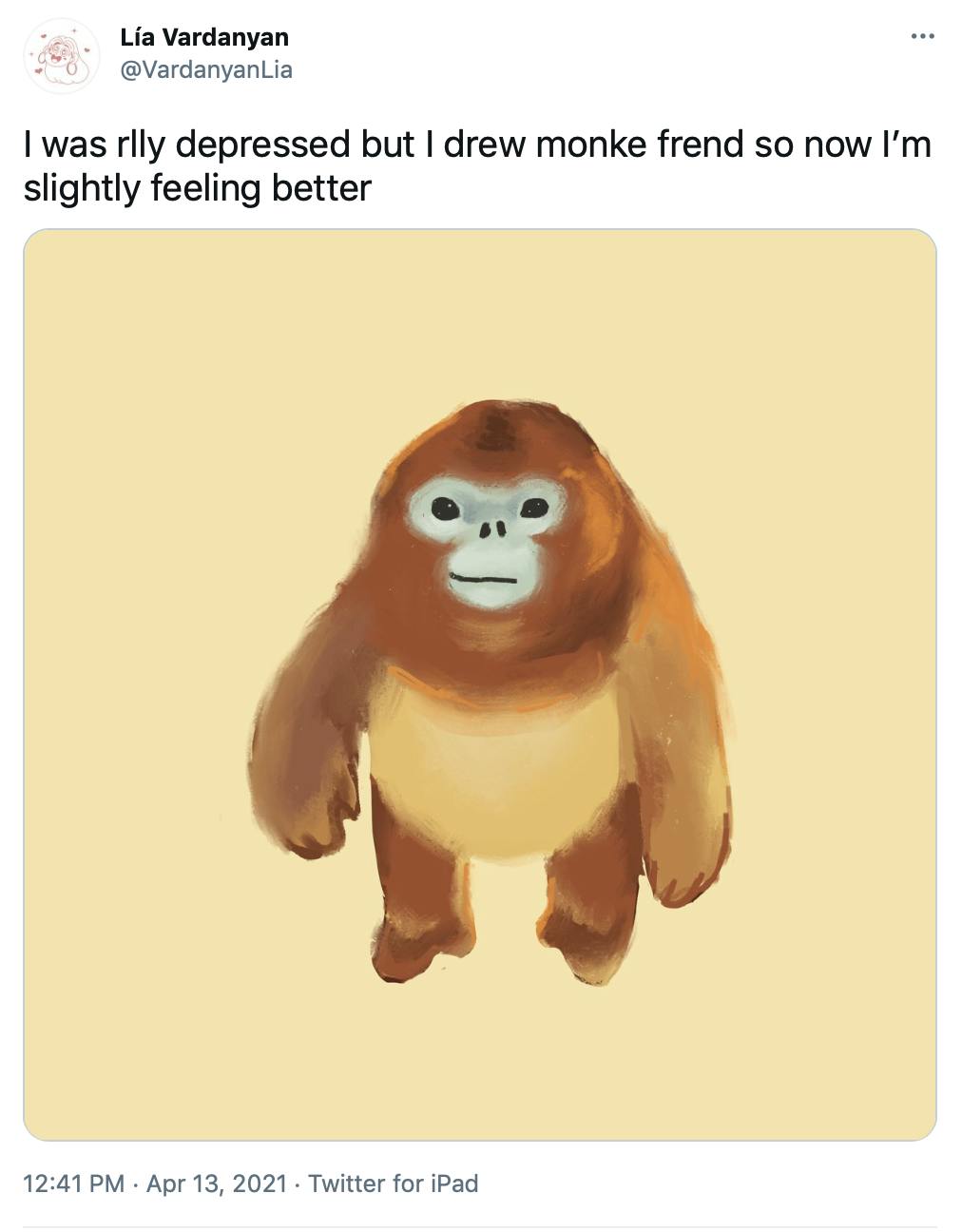 'I was rlly depressed but I drew monke frend so now I’m slightly feeling better' water colour style digital painting of the monkey