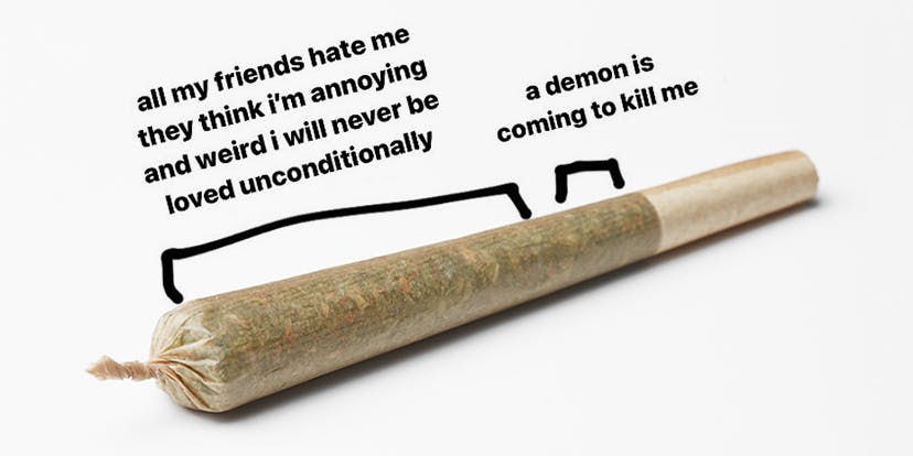 joint with sections labeled "all my friends hate me they think i'm annoying and weird i will never be loved unconditionally" and "a demon is coming to kill me"