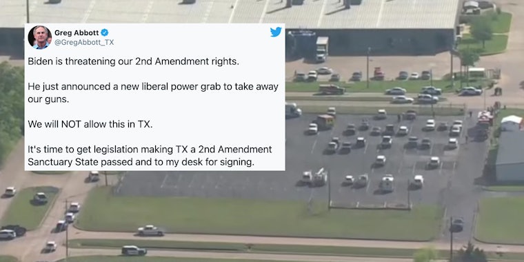 A tweet from Greg Abbott over the site of a mass shooting