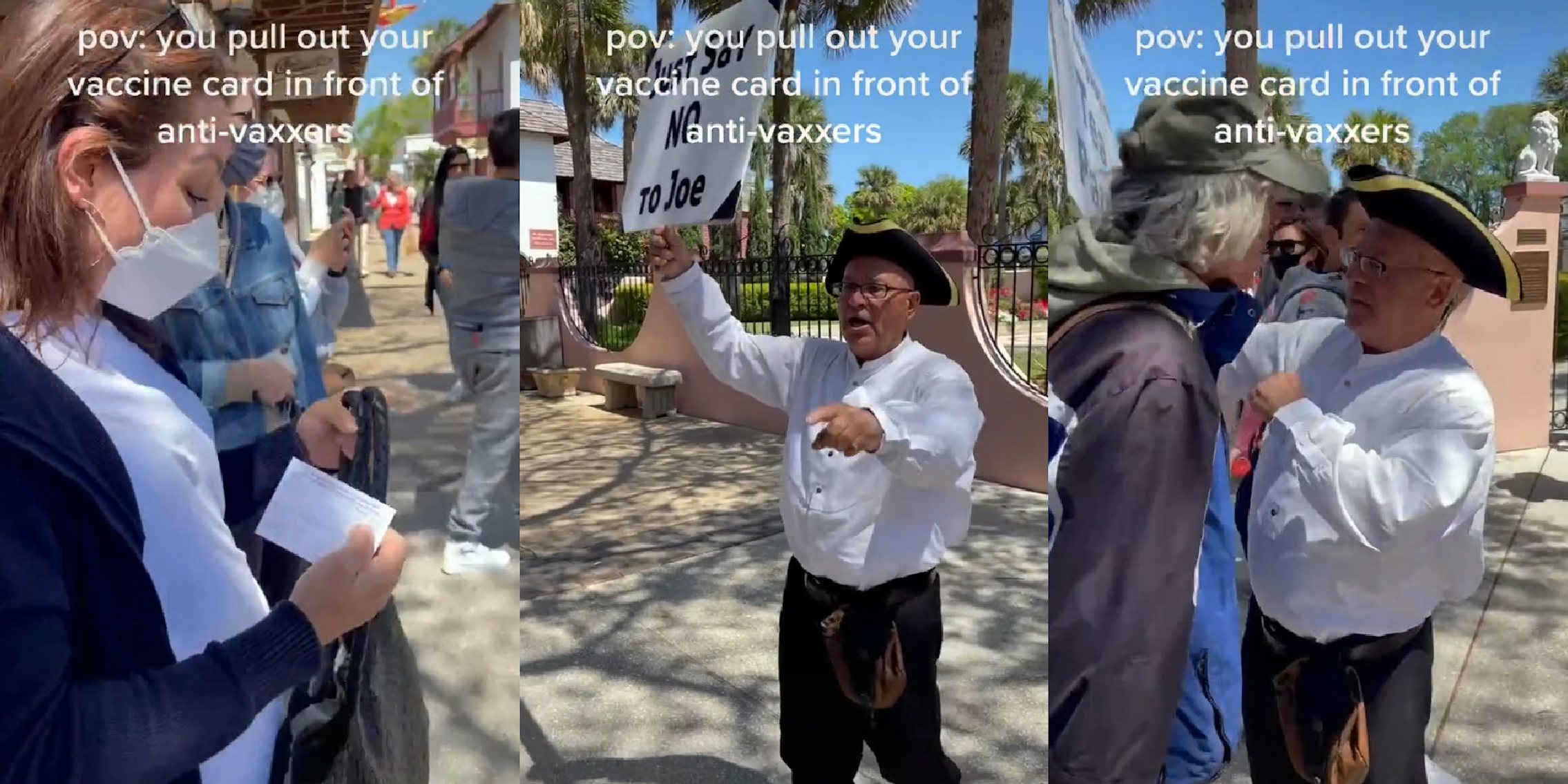 woman holding vaccine card (l) tea party man dressed as a colonist holding 'just say no to joe' sign pointing (c) man blocking colonist (r)