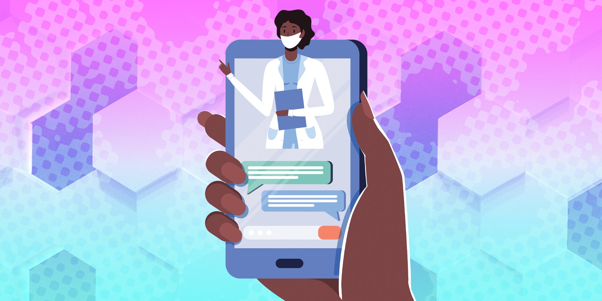 doctor emerging from cell phone held in hand