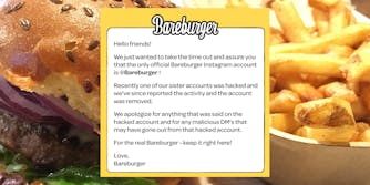 Bareburger post claims their social accounts were hacked, over burger and fries background