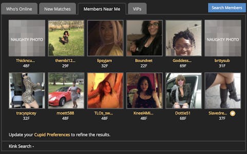 Screenshot of BDSM date's "Online Near Me" member locator