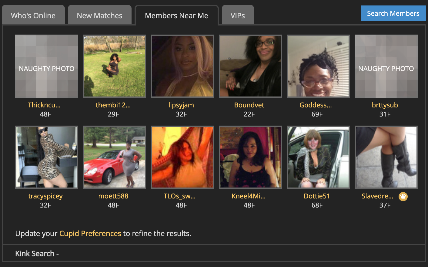 Screenshot of BDSM date's 'Online Near Me' member locator