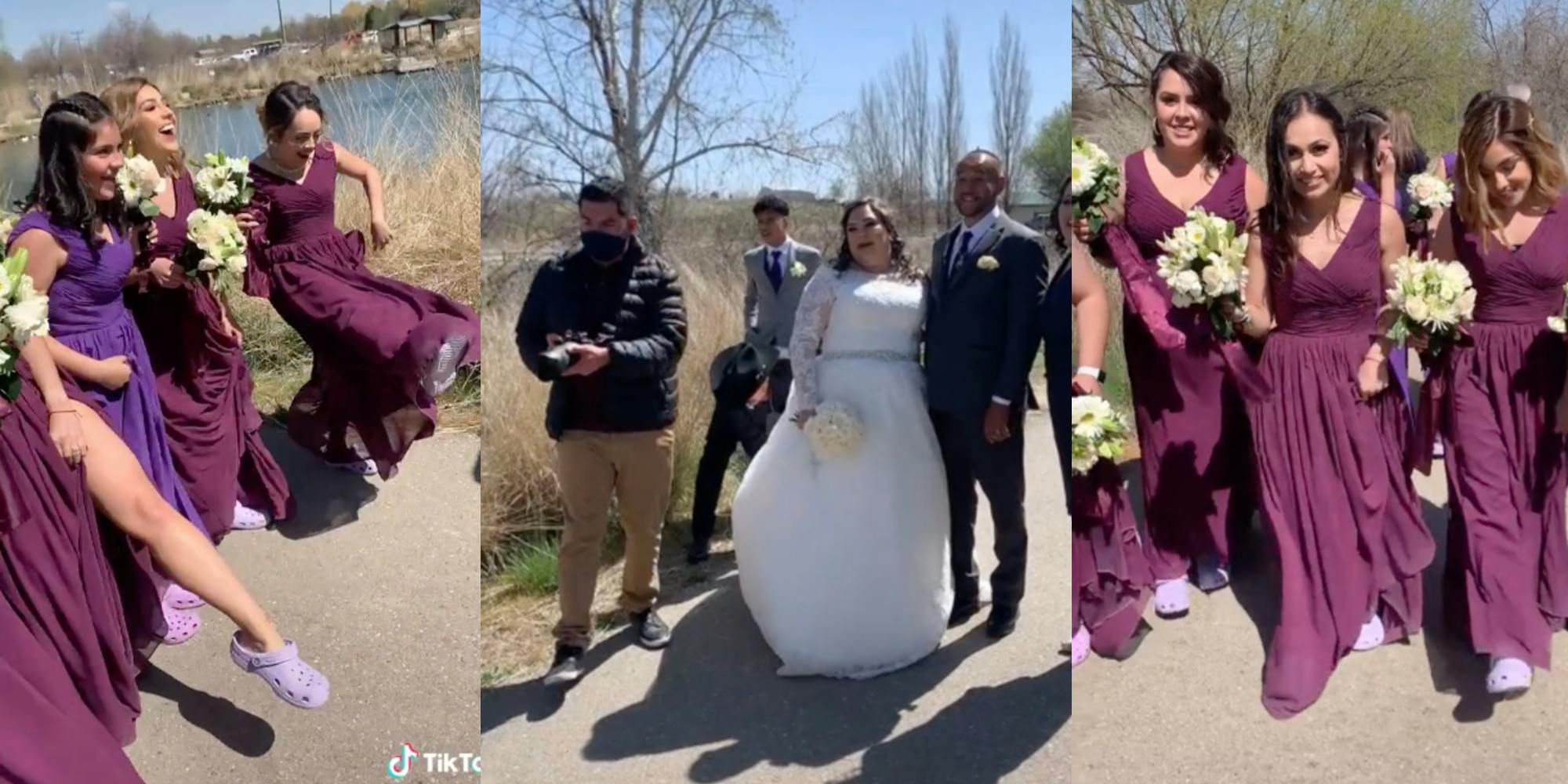 bridesmaids with crocs on, bride and groom