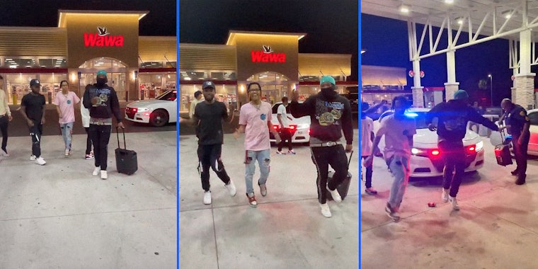 A group of kids dancing in front of a gas station with a cop car in the background.