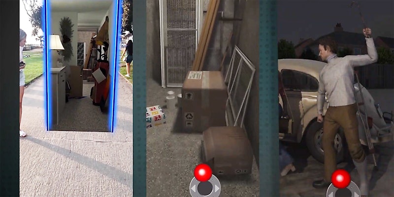 A woman looking into an augmented reality room (L), a CGI room with foxes (C), and a CGI man with crowbar (R).