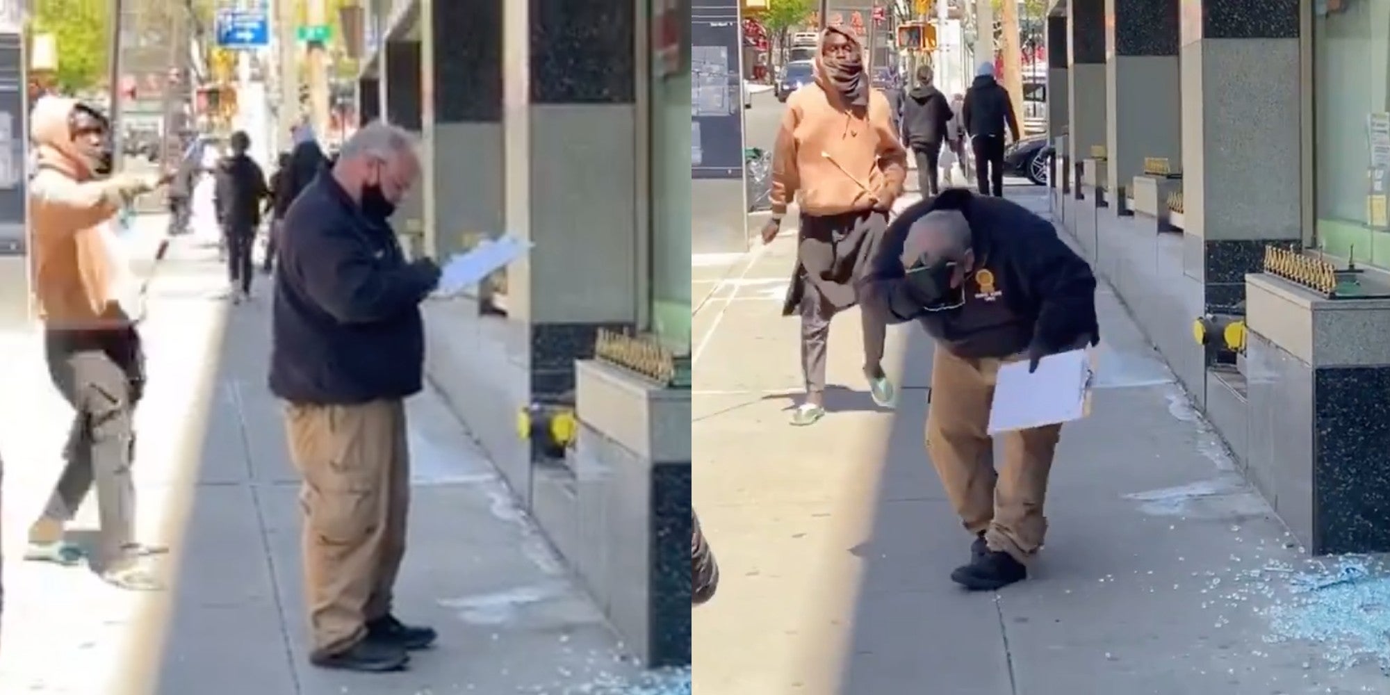 A police detective being hit with a long rod
