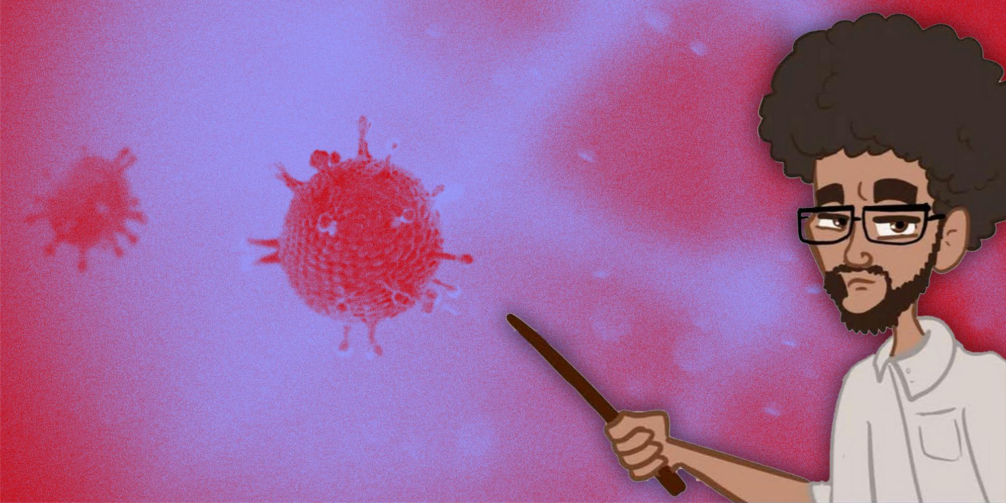 Cartoon scientist pointing at coronavirus.