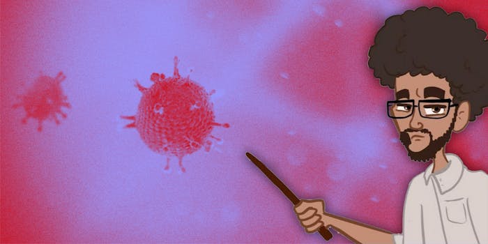 Cartoon scientist pointing at coronavirus.