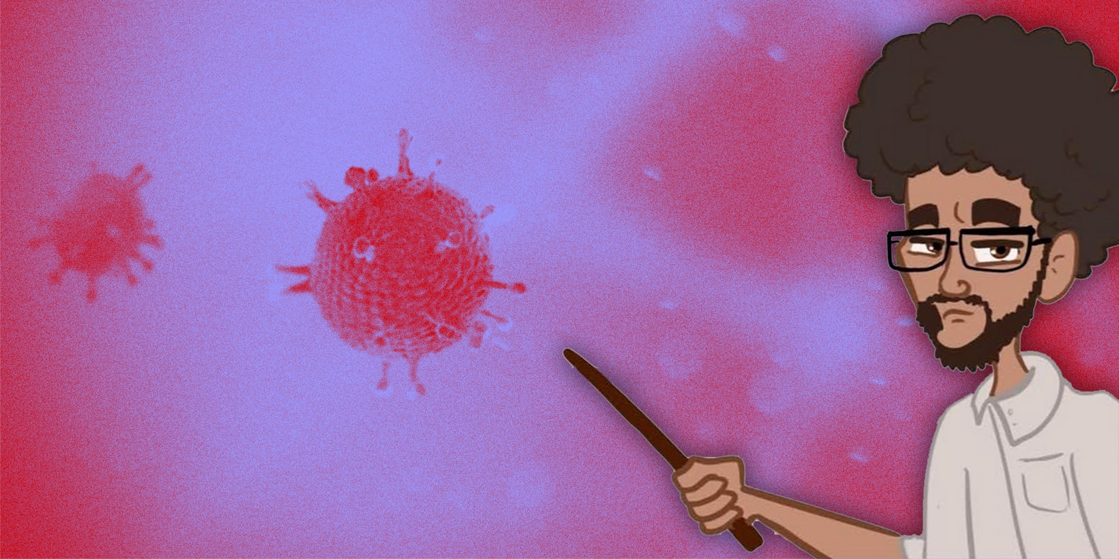Cartoon scientist pointing at coronavirus.