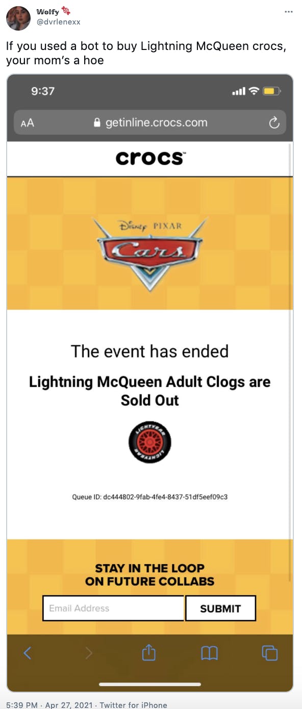'If you used a bot to buy Lightning McQueen crocs, your mom’s a hoe' screenshot of the shop page showing they're sold out