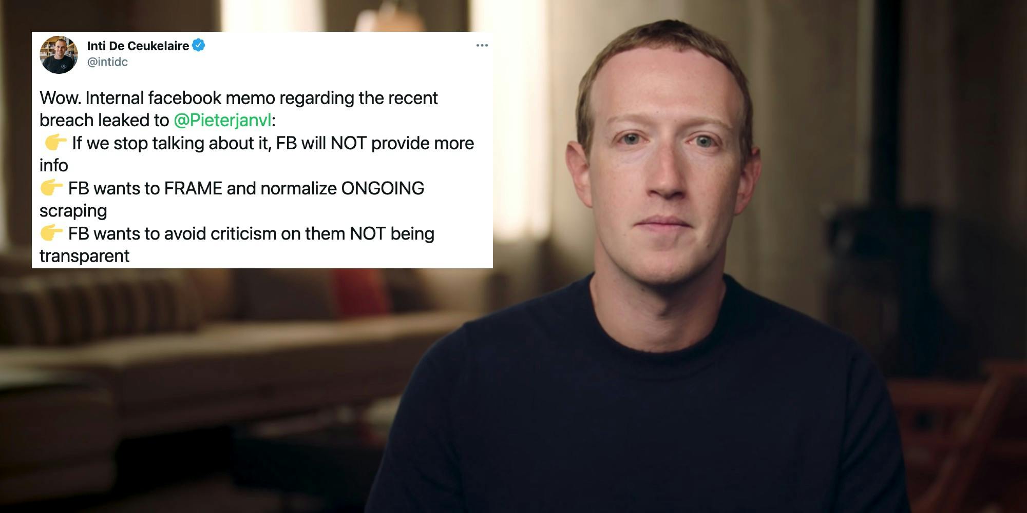 Facebook CEO Mark Zuckerberg next to a tweet about a leaked company email