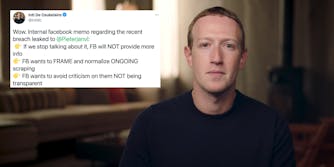 Facebook CEO Mark Zuckerberg next to a tweet about a leaked company email