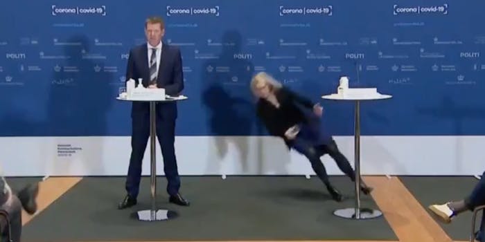 Denmarks' Tanja Erichsen fainting at a Covid press conference