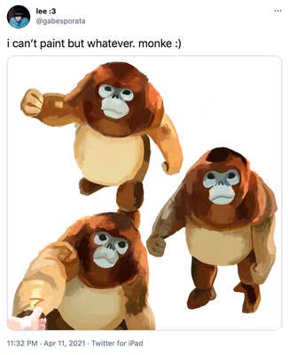 "i can’t paint but whatever. monke :)" three watercolour style drawings of the monkey, one as he walks forward, one as he stairs up looking a bit sarcastic and one as he reaches for berries