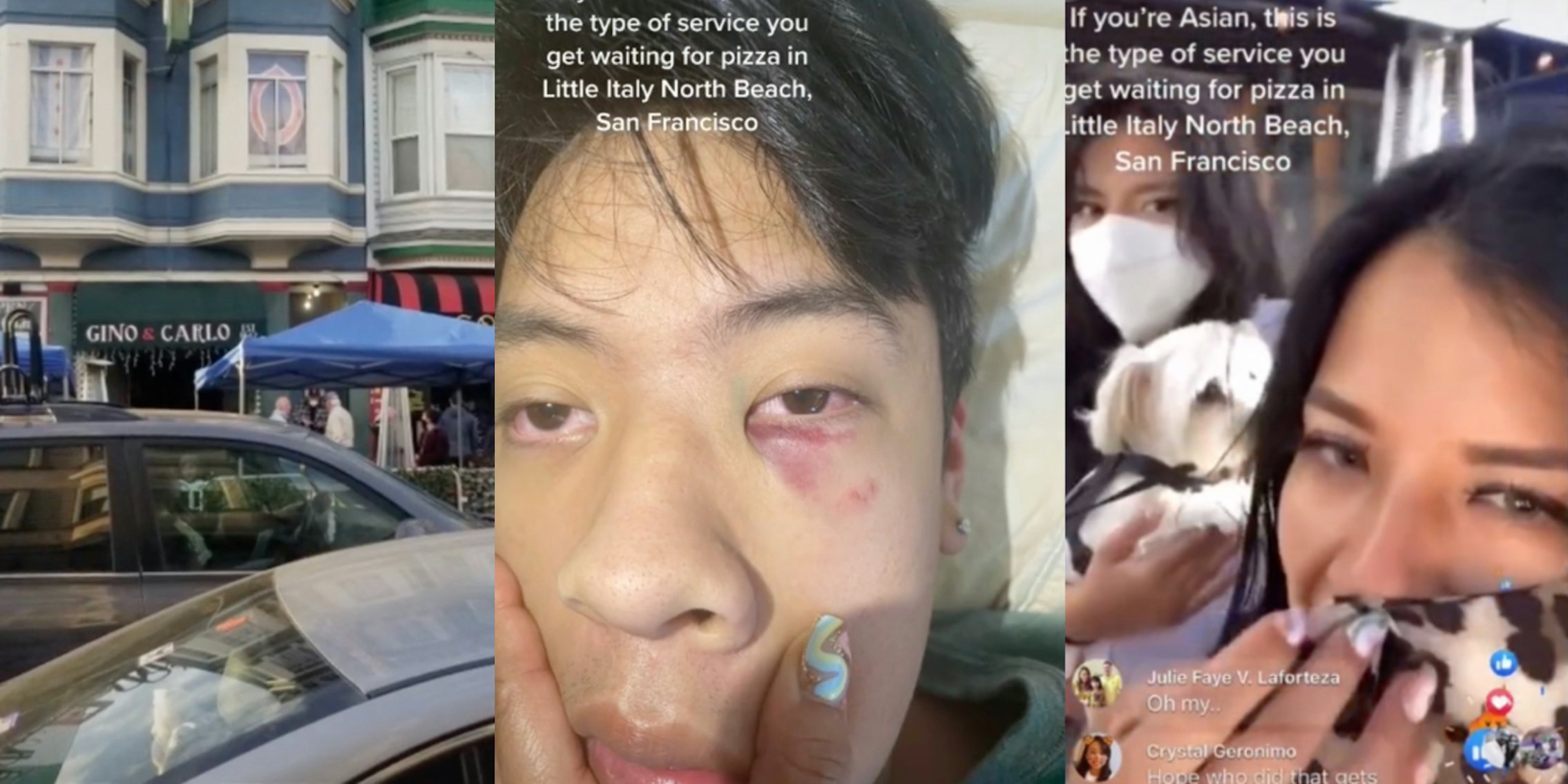 outside of gino and carlo, Asian 18-year-old with swollen and bruised eye, and Sofia Enguillado's Facebook live