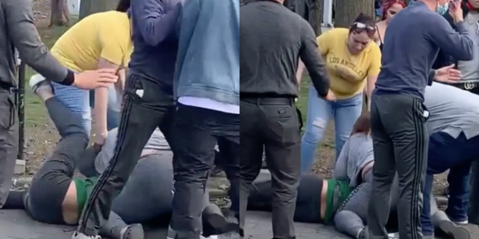 family punching woman on ground