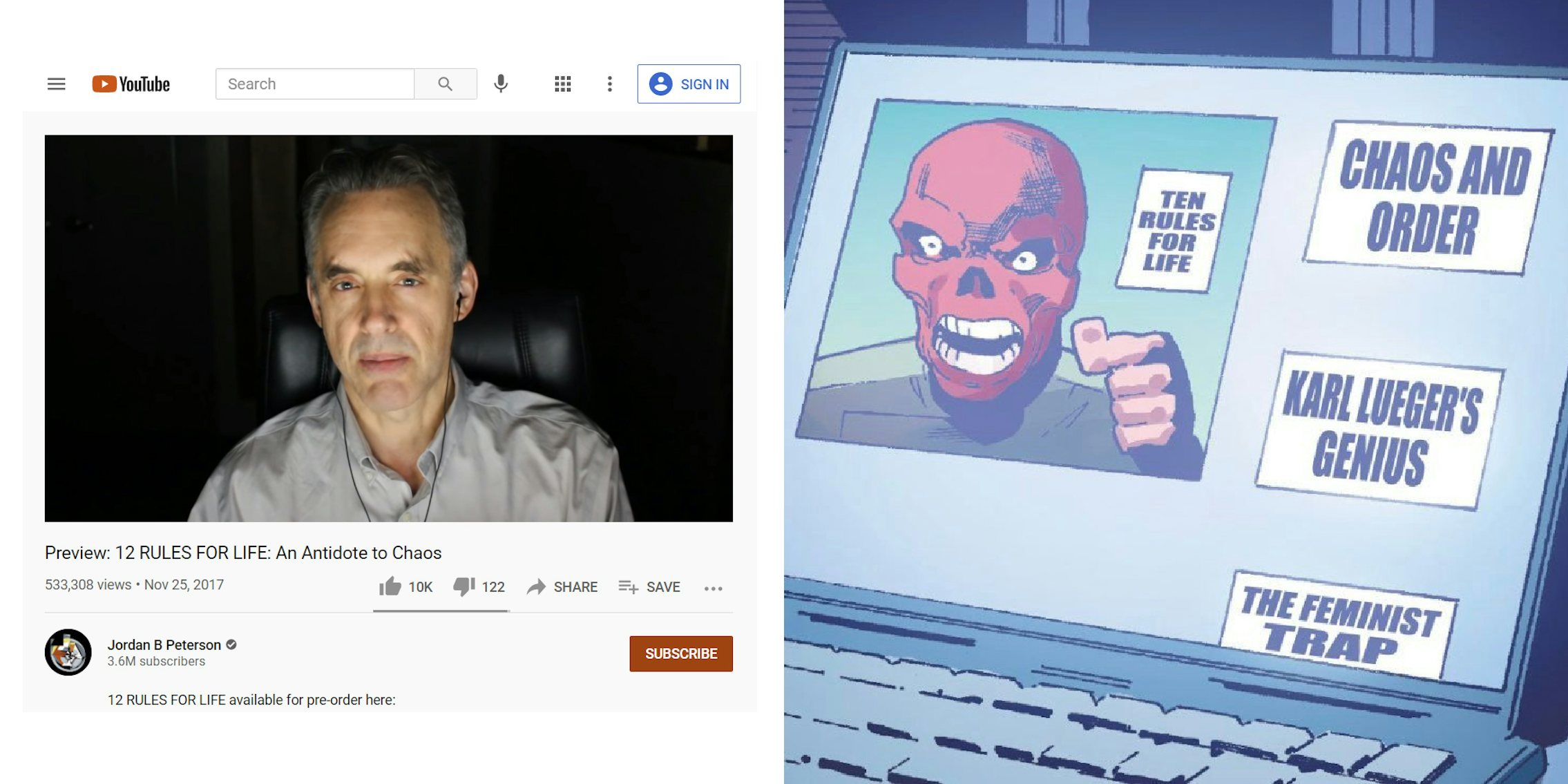 comparison of Jordan Peterson YouTube channel with Red Skull's video channel