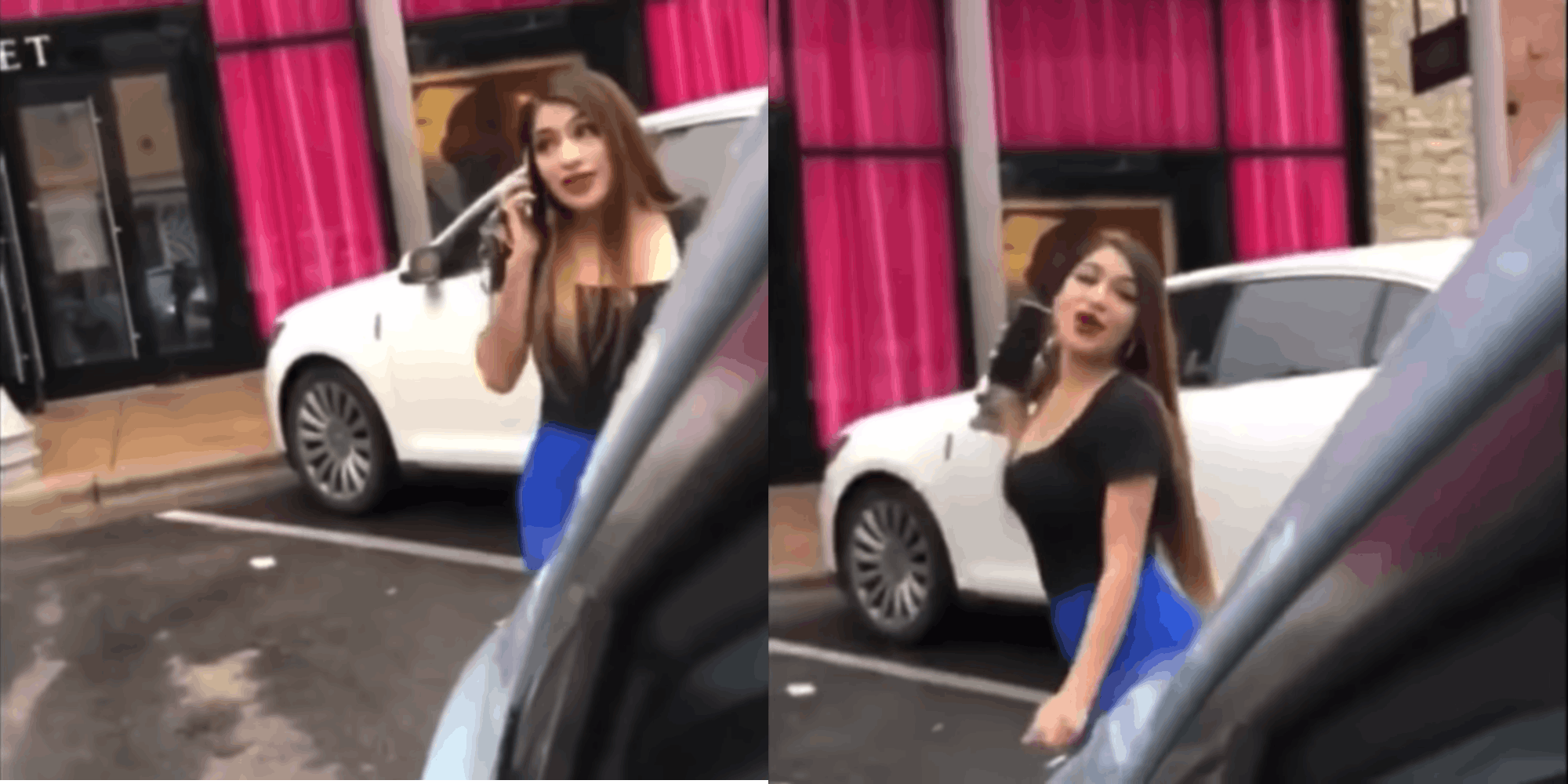 A young woman blocking a parking spot