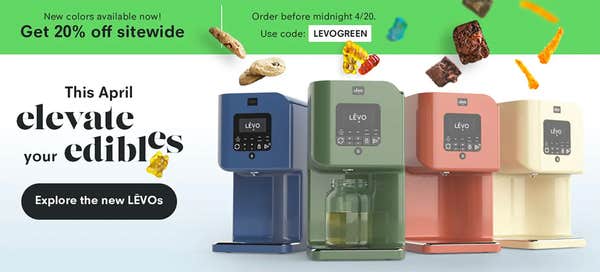 LEVO oil infuser machine in blue, green, orange, and yellow on a white background with a green sale banner and various edibles raining down.