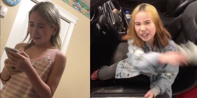 lil tay crying while looking at phone, lil tay holding money while sitting in car