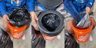 garbage bag inserted in bucket, portable toilet lid, rolling garbage bag into sealable disposable bag