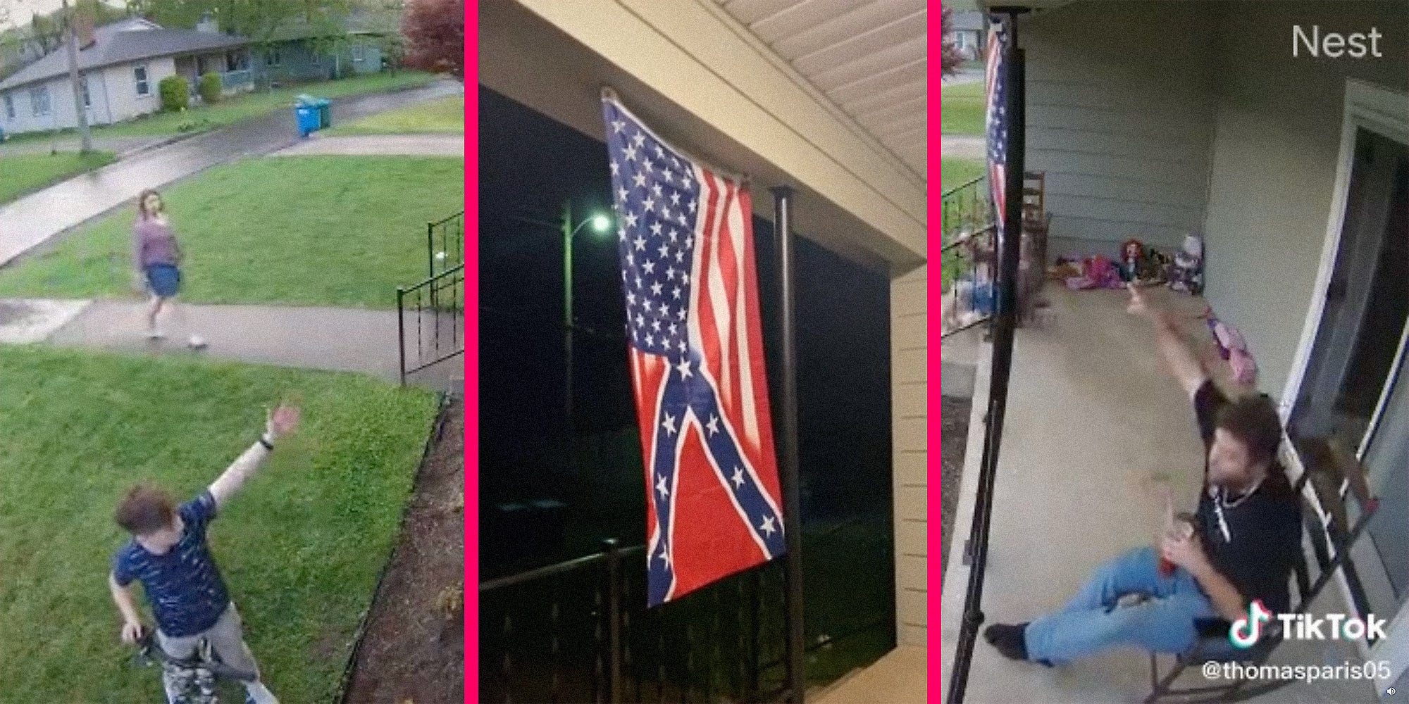 A man and child point at a confederate flag.