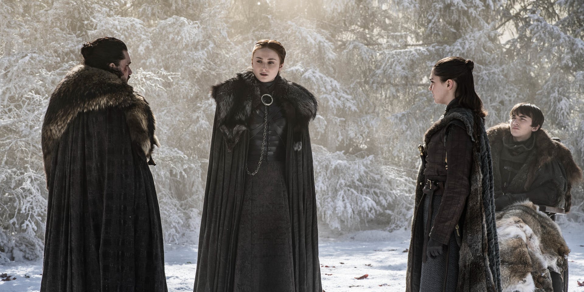 jon snow, sansa stark, arya stark, and bran stark in game of thrones