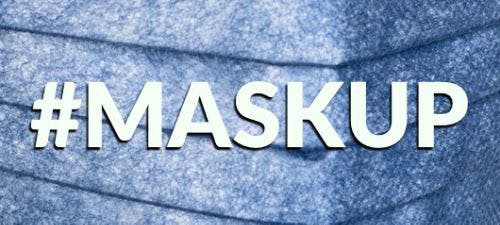 #maskup written in white over blue medical mask background