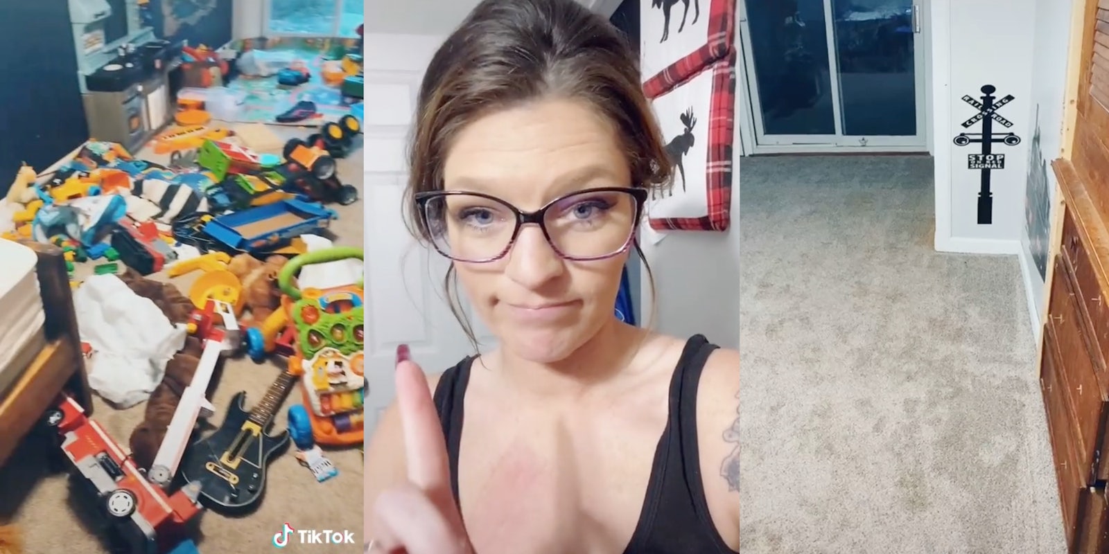 a bunch of toys, tiktoker tabathamarie, and an empty room
