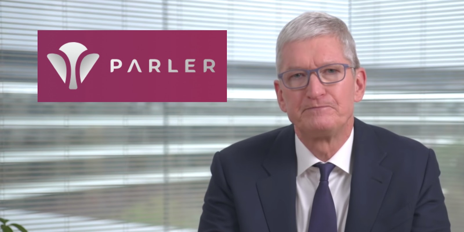 Apple CEO Tim Cook next to the Parler logo