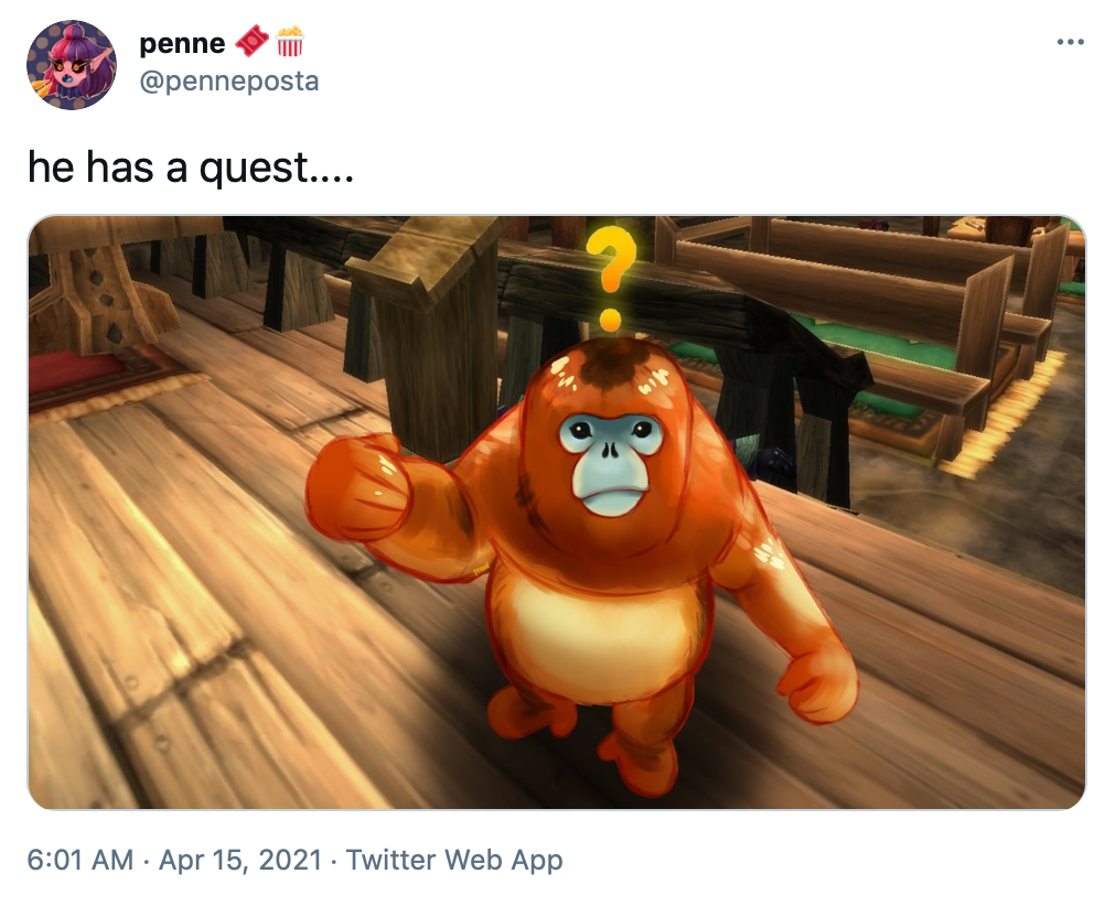 he has a quest.... 'digital rendering of the monkey in a video game style setting with a yellow question mark over his head