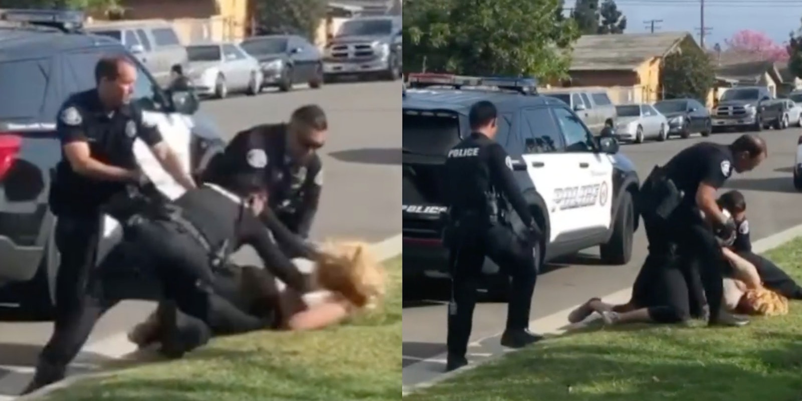 A police officer punching a handcuffed woman