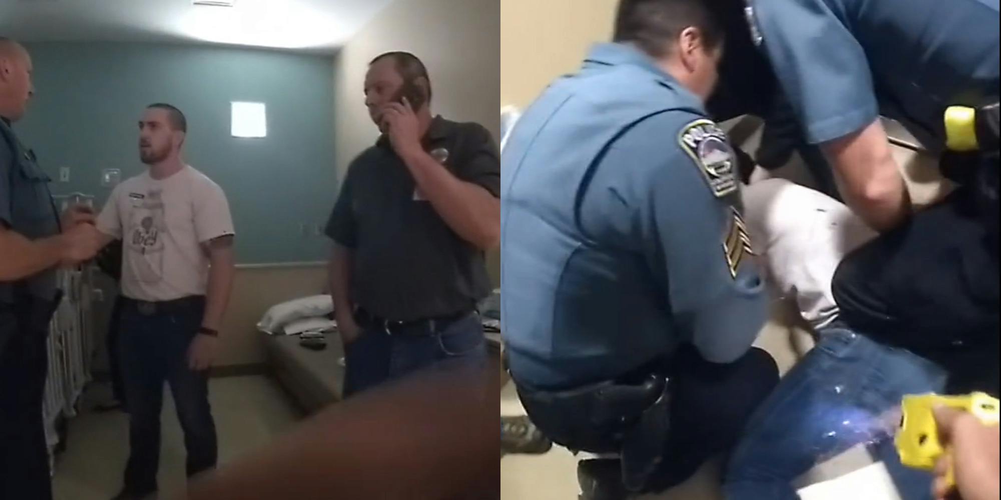 police confront man in hospital room (l) police restrain and taze man on floor (r)
