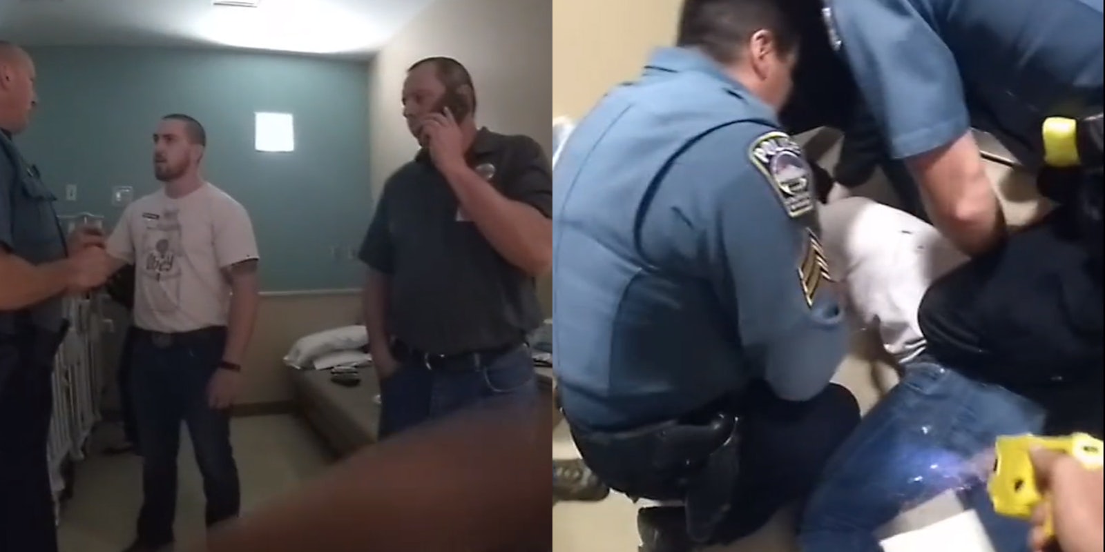 police confront man in hospital room (l) police restrain and taze man on floor (r)