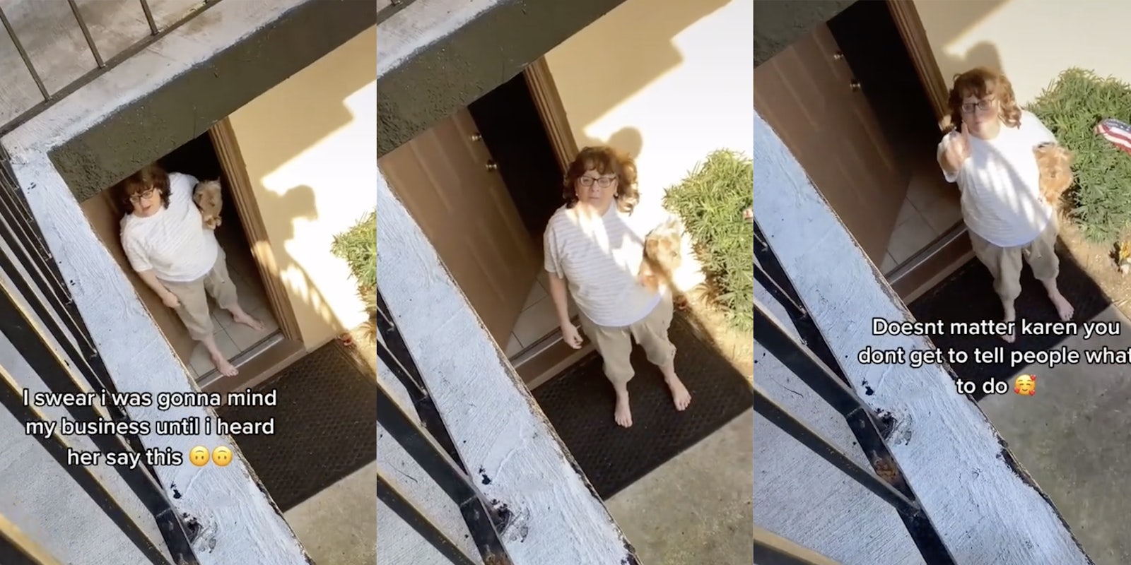 Racist 'Karen' holding dog wags finger at neighbor.