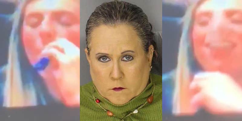 Rafaella Spone mugshot over background of young girl vaping and laughing