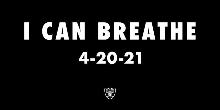"I can breathe 4-20-21" with Raiders logo