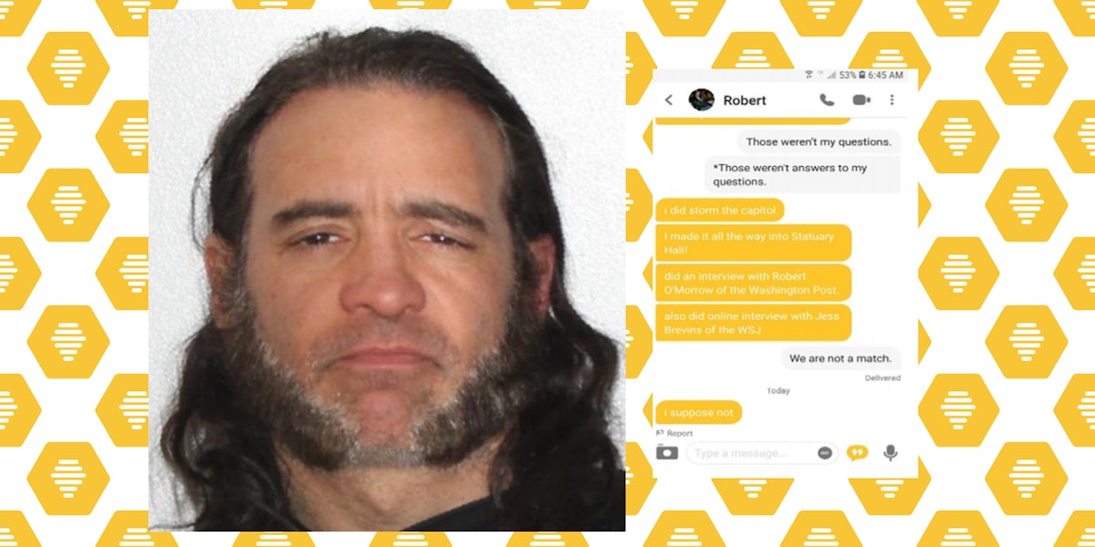 man in mugshot with Bumble private message exchange over Bumble logo background