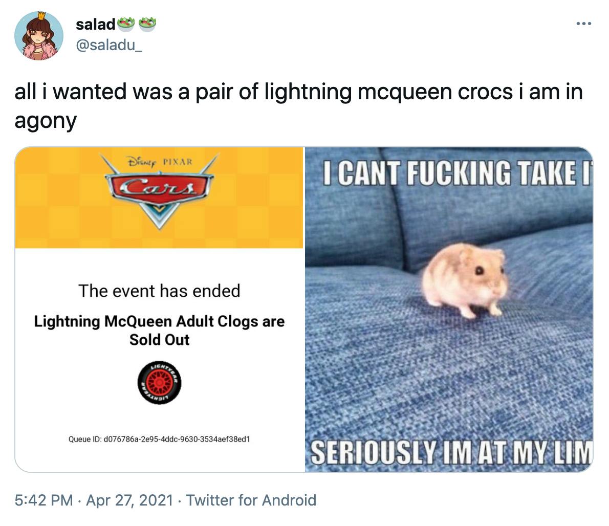 'all i wanted was a pair of lightning mcqueen crocs i am in agony' screenshot of the sold out page and then a meme of a hamster on a couch looking anxious and the text 'I can't fucking take it seriously I'm at my limit'