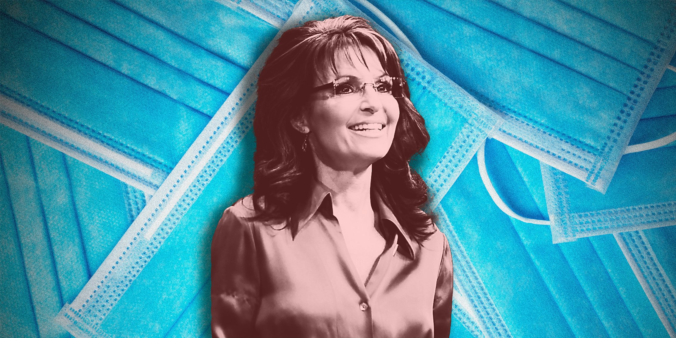 Sarah Palin on a background of face masks.